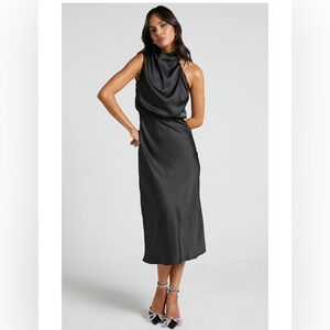Showpo. Asymmetrical Drape Neck Satin Slip Dress in Black (Minnie Midi Dress)